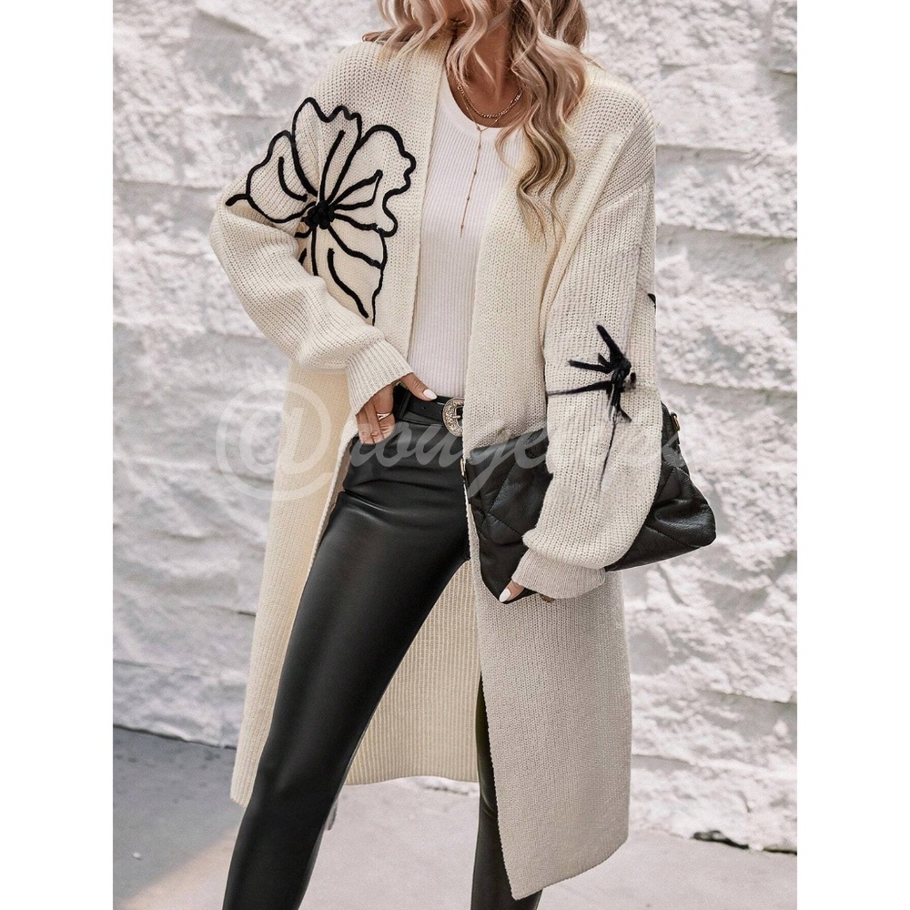 Off White Long Duster Cardigan Knit Black Flower Appliqué - Picture 3 of 10